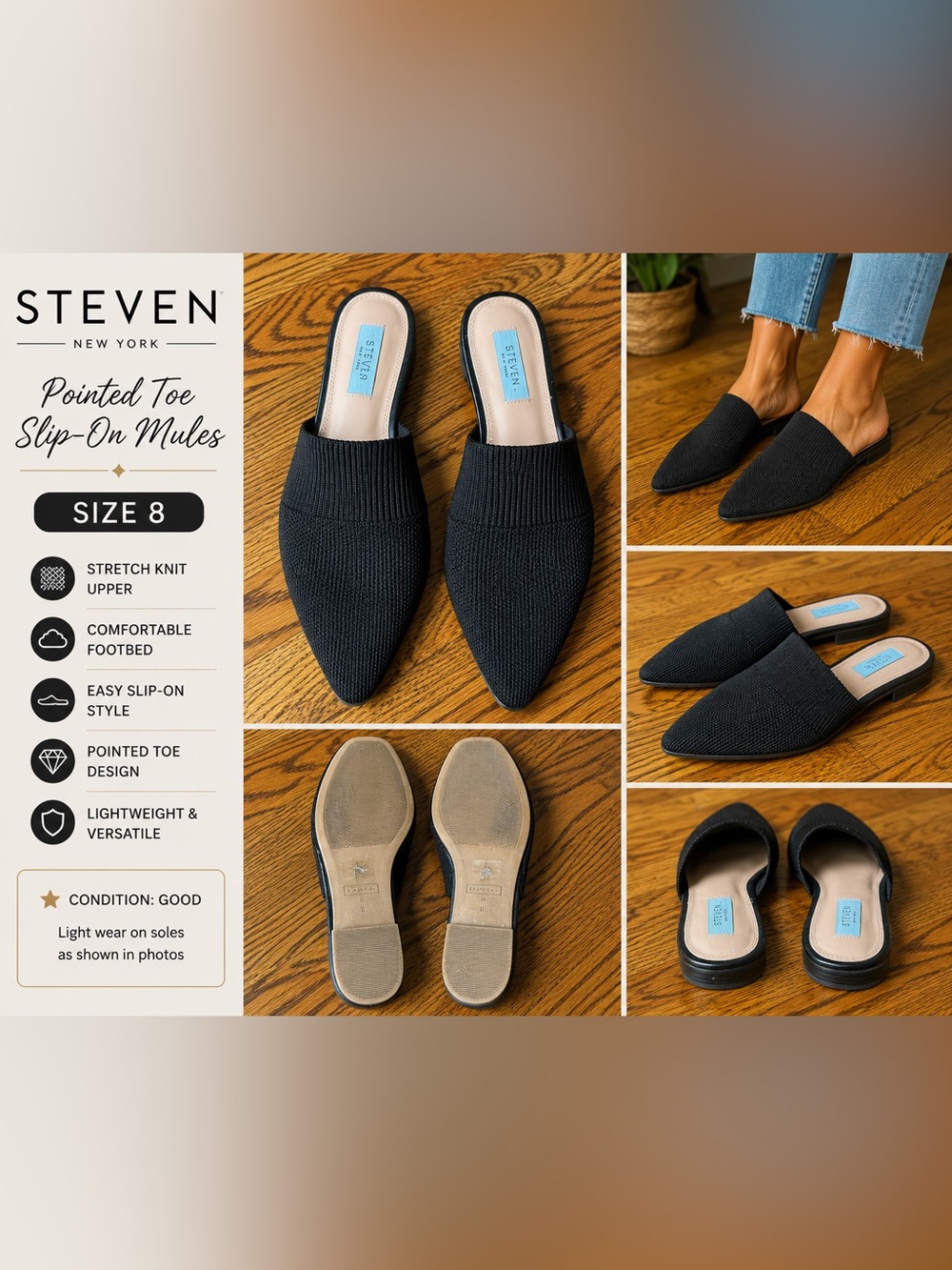 Steven New York Black Knit Pointed Toe Mule Flats Size 8
